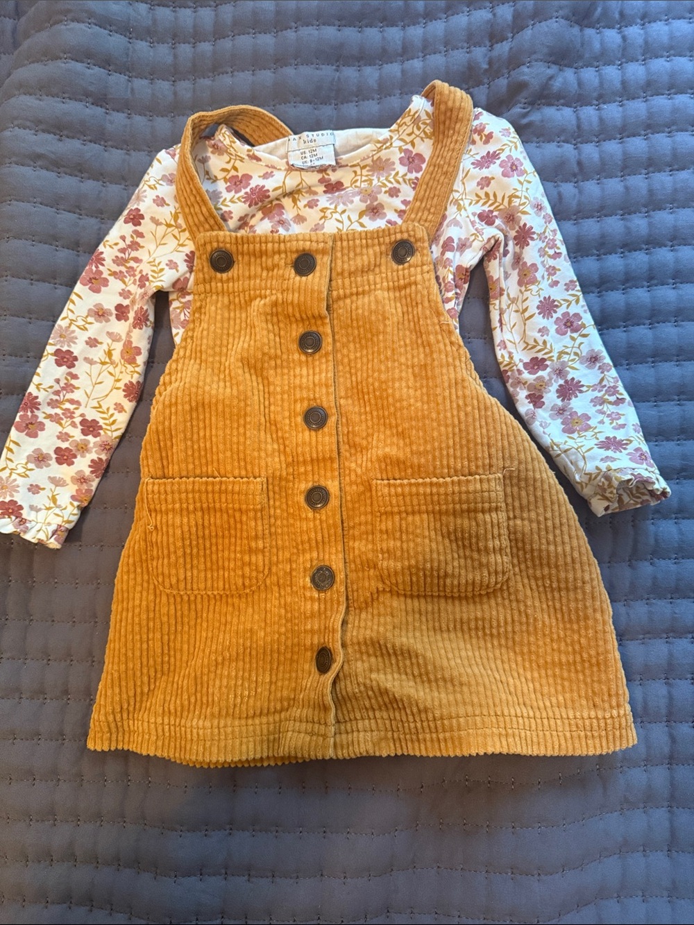 Max Studio Mustard Corduroy Button-Front Pinafore with Floral Top